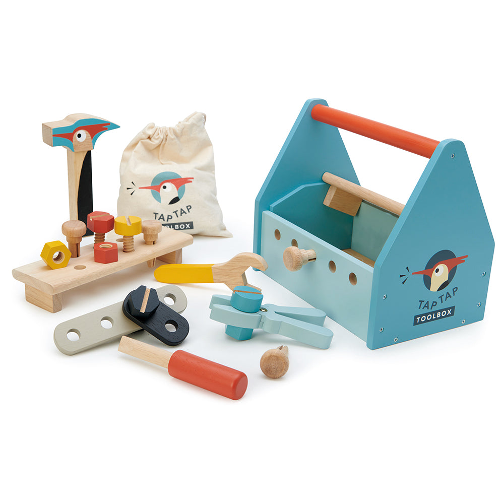 A plastic free tool box toy for children in blue with lots of accessories including hammer wooden nails nuts bolts and screws lets your child play creatively