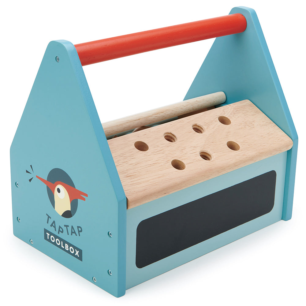 A plastic free tool box toy for children in blue with lots of accessories including hammer wooden nails nuts bolts and screws lets your child play creatively