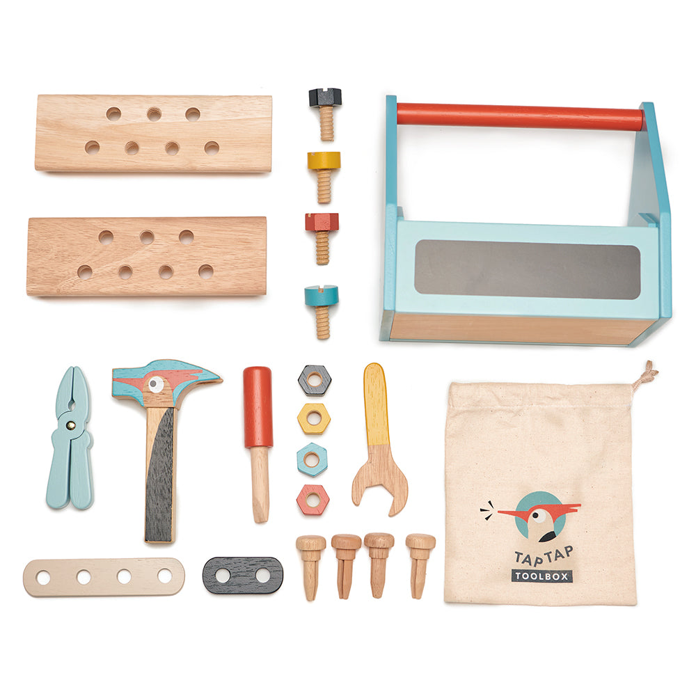 A plastic free tool box toy for children in blue with lots of accessories including hammer wooden nails nuts bolts and screws lets your child play creatively