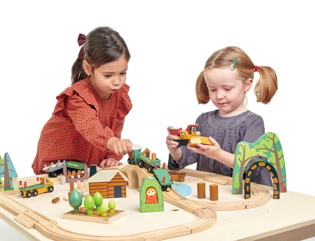 Tender Leaf Toys wooden train set with 30 track pieces and lots of accessories