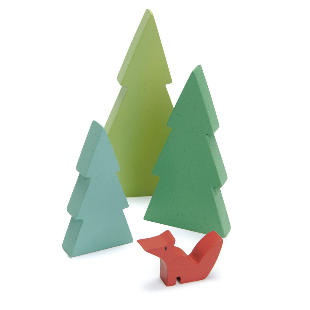 Tender Leaf Toys wooden train set accessory set of simple fir tree silhouettes in green