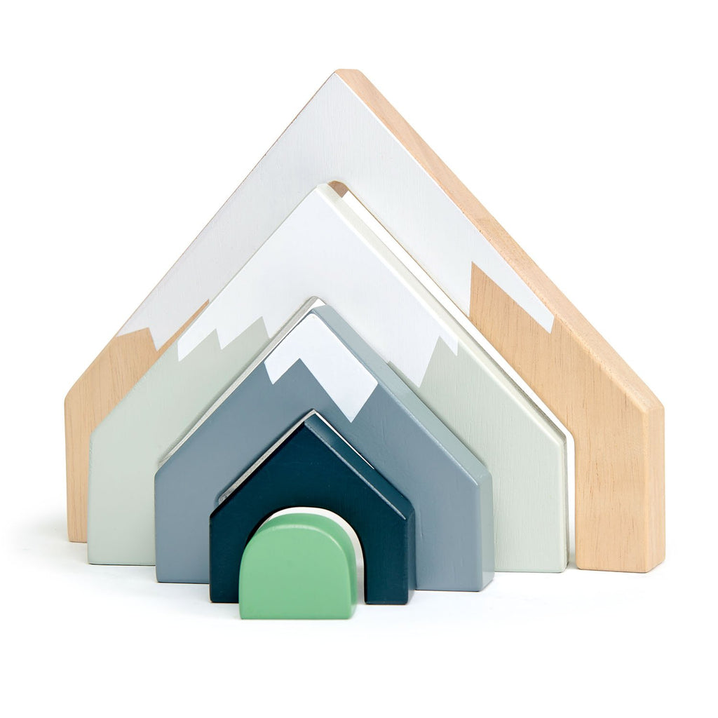 Tender Leaf Toys wooden train set accessories. 5 mountain shape arches are all cut from one solid piece of rubberwood and illustrated to evoke the natural world