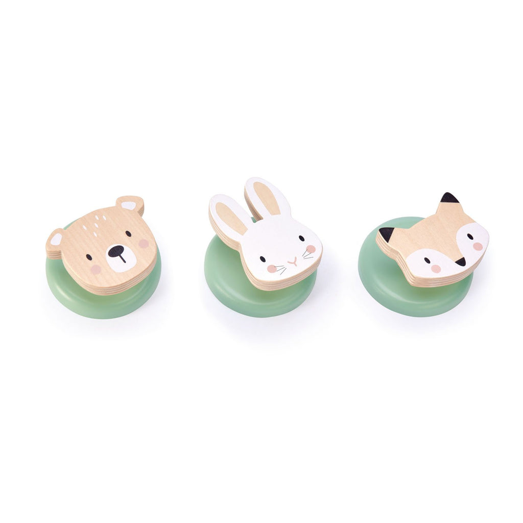 Tender Leaf Toys wooden 3 lovely hooks to place anywhere in the home. A fox, rabbit and a bear adorn the 3 coat hooks