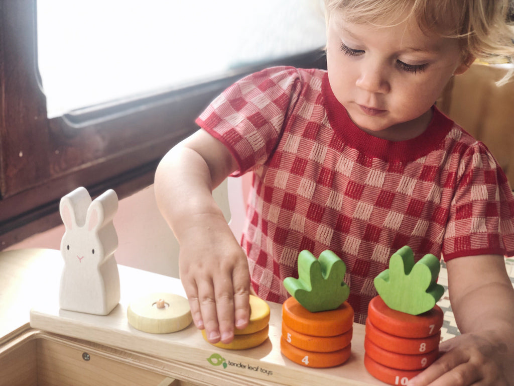 Tender Leaf Toys wooden counting game to educate toddlers. 10 numbered stacking rings designed for child development and learning through play